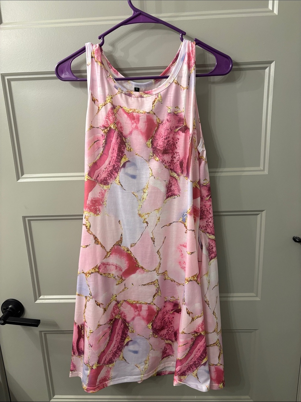 Sleeveless Pink Marble-Print Swing Dress